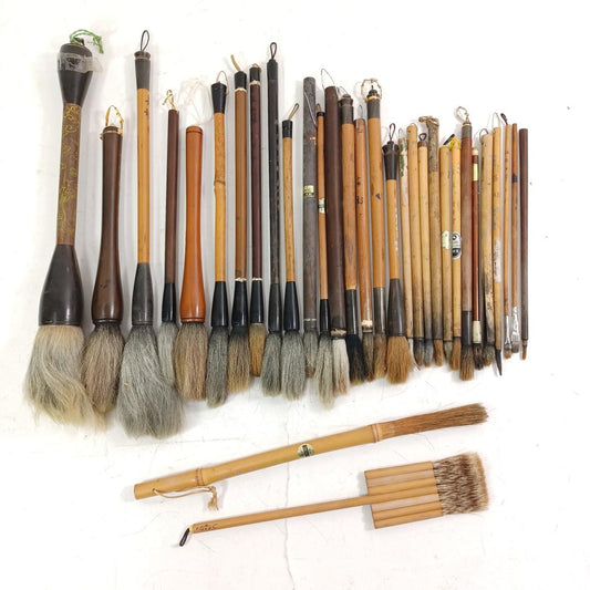 Used Vintage Japanese & Chinese Calligraphy Brush Set 34pcs Professional Artisan Writing Tools Antique Ink Art Collection Display Practice