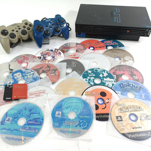 Used Sony PlayStation 2 Console SCPH-39000 Bundle, 20 Game Discs, 2 Hori Controllers, 3 Memory Cards, Retro Japanese Gaming Set, Tested