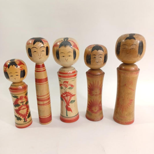 Used Japanese Kokeshi Dolls Set 5pcs Naruko Style Vintage Wood Figures Showa