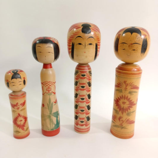 Used Vintage Japanese Kokeshi Doll Set of 4, Hand Carved Wooden Folk Art Figurines, Traditional Asian Crafts & Rustic Home Decor, 8-13 in