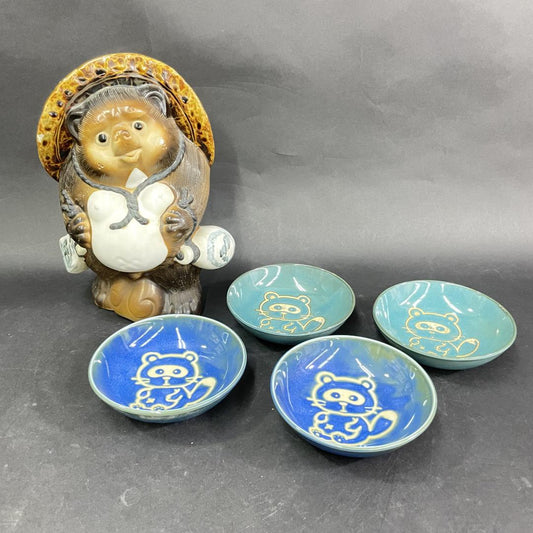 Used Shigaraki Tanuki Figurine & Mino Ware Plates Set 5pcs Showa Era Japan