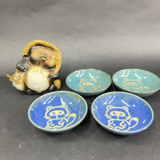 Used Shigaraki Tanuki Figurine & Mino Ware Plates Set 5pcs Showa Era Made in Japan