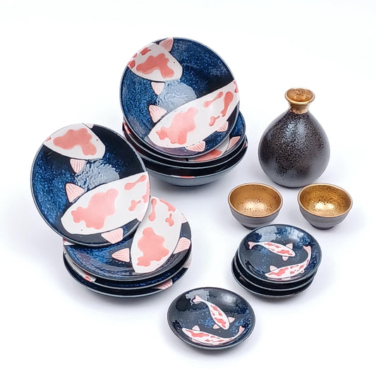 Made in Japan Dish Tokkuri set Blue Carp Nishikigoi Ochoko Ceramic Awasaka| Forgot Souvenir