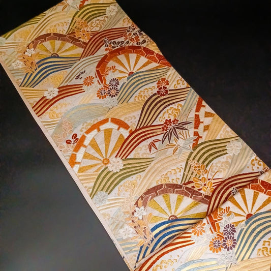 Used Fukuro Obi (Formal Double-Layer Obi) Women Kimono Obi Belt Yellow Flower Silk Made in Japan Japanese vintage traditional