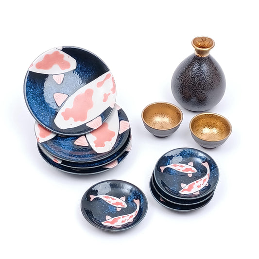 Made in Japan Dish Tokkuri set Blue Carp Nishikigoi Ochoko Ceramic Awasaka| Forgot Souvenir