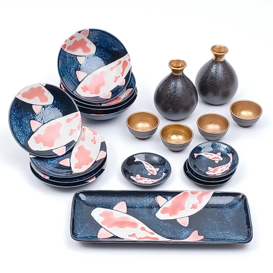Made in Japan Dish Tokkuri set Blue Carp Nishikigoi Ochoko Ceramic Awasaka Sushi plate| Forgot Souvenir