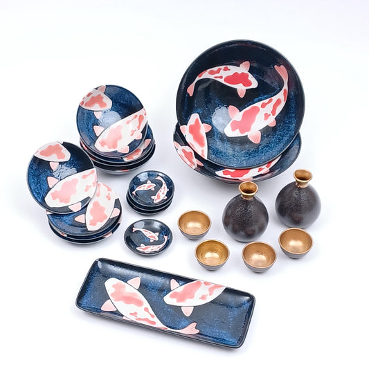 Made in Japan Dish Tokkuri set Blue Carp Nishikigoi Ochoko Ceramic Awasaka Sushi plate| Forgot Souvenir