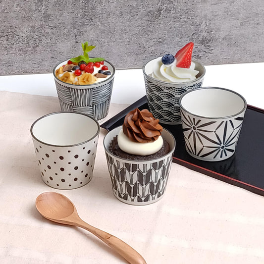 Made in Japan aesthetic Awasaka porcelain Komon Soba Choco Cup Collection 5 pcs for Gift Birthday Thanksgiving Wedding| Forgot Souvenir