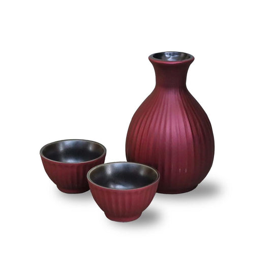 Tokkuri and Ochoko Set – Topaz Red Sake Bottle and Cups in Wooden Box – Ceramic by Awasaka – Made in Japan – Gift for Any Occasion