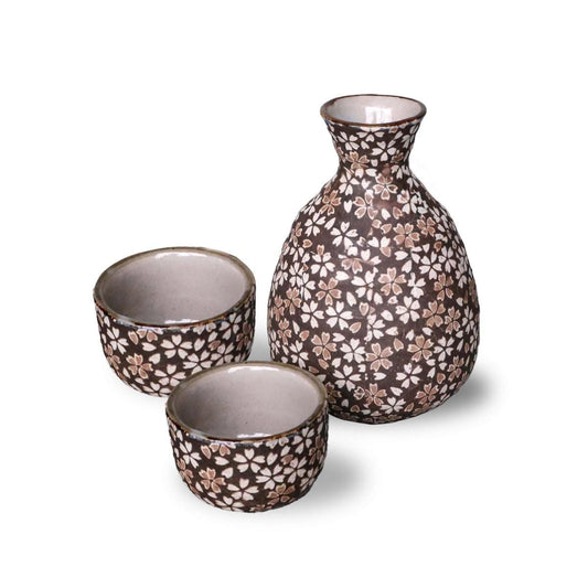 Sakura Tokkuri and Ochoko Set – Brown Ceramic Sake Bottle and Cup – Made in Japan by Awasaka – Cherry Blossom Design – Gift for Any Occasion