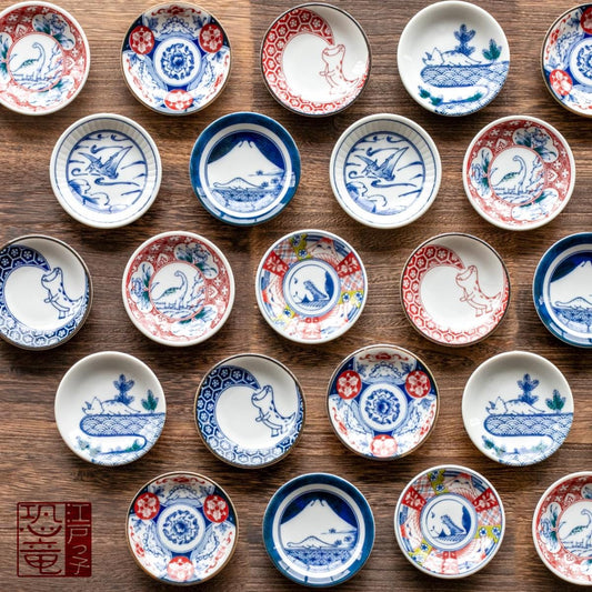 Dinosaur Plate Set – 18 Japanese Porcelain Small Dishes by Awasaka – Made in Japan – Ceramic Gift in Wooden Box – Perfect for Any Occasion