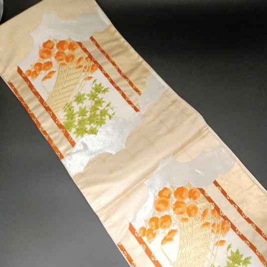 Used Fukuro Obi (Formal Double-Layer Obi) Women's Kimono Obi Belt Silver Silk Made in Japan Japanese vintage traditional
