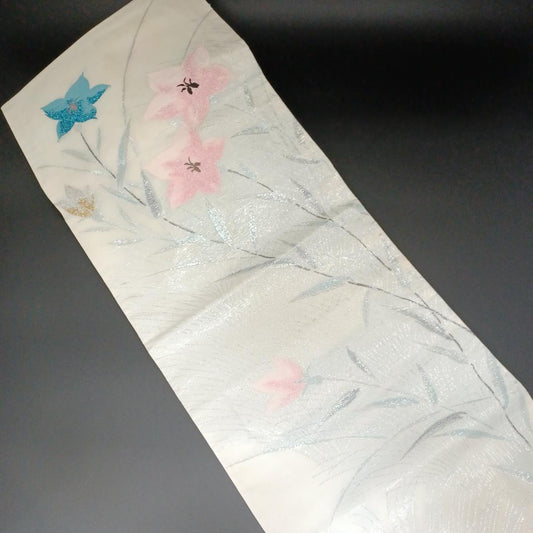 Used Nagoya Obi (Easy to Wear / Casual Use) Women's Kimono Obi Belt Silver Silk Made in Japan Japanese vintage traditional