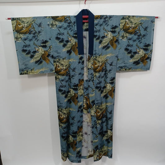 Used Men's Kimono Juban Blue Tiger Eagle Cotton Japanese traditional kimono underwear