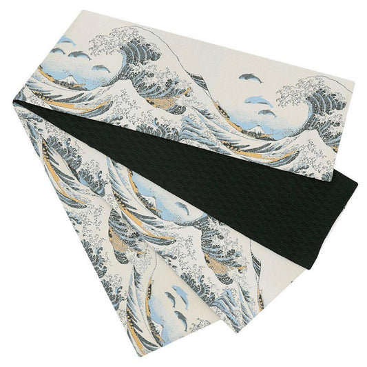 New!! Japanese Hanhaba Obi by Seishin - Hokusai Great Wave & Orca Design - Reversible Belt with Black Arrow Pattern - 153.5in (390cm)