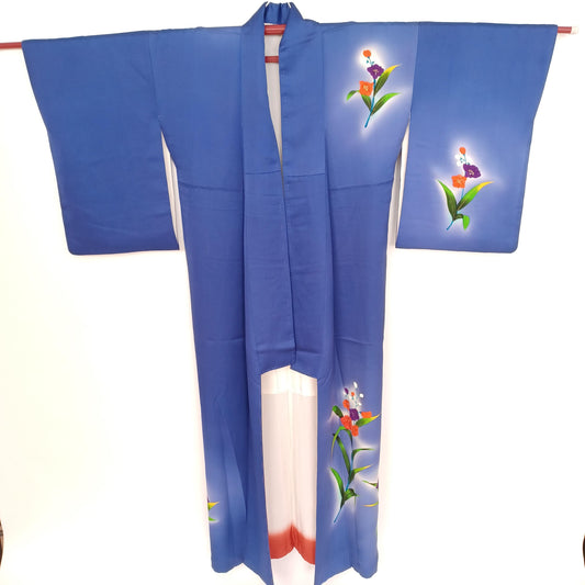 Used Vintage Japanese Blue Kimono with Elegant Floral Design | 100% Silk Traditional Robe for Display or Wearing