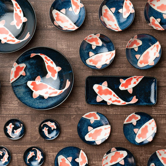 Made in Japan 15 pieces set Dish Bowl Blue Colored Carp Ceramic Awasaka Sinse 1961 Sushi plate| Forgot Souvenir