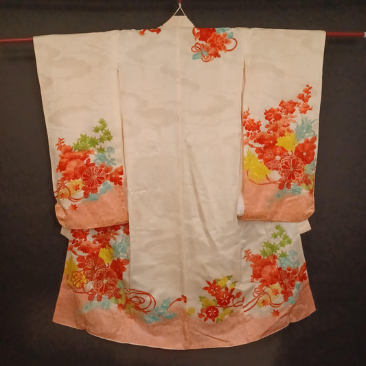 Used Japanese Girl’s Kimono & Juban Set – Floral Silk Furisode with Embroidered Collar, Traditional Vintage Robe for Kids Celebrations