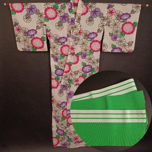 New Japanese Yukata & Used Hanhaba Obi Set – White Floral Kimono with Light Green Obi Belt Summer Cotton Festival Wear Morning Glory Pattern