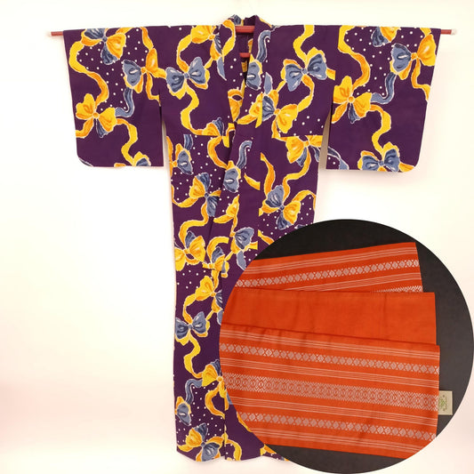 New Japanese Yukata & Used Hanhaba Obi Set – Purple Bold Pattern Kimono with Orange Obi Belt – Summer Cotton Festival Wear – Vibrant Colors