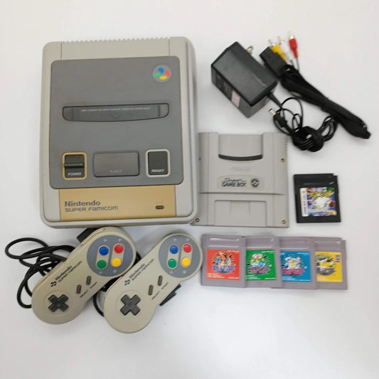 Used Super Famicom Set with 2 Controllers, Super Game Boy, 5 Pokémon Games, Cables, Japan Nintendo Console