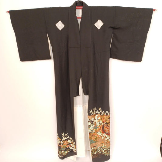 Unused Japanese Kurotomesode Kimono with Gold Floral & Gosho Cart, Minor Dye Transfer, 66in,  168cm, Formal Wear