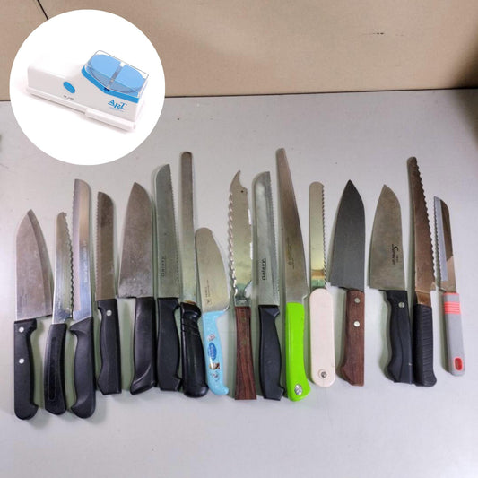 Used Japanese Knife Lot of 16 - 8" Chef Utility Knives with Electric Sharpener Wood Handles Vintage Japan Various type| Forgot Souvenir
