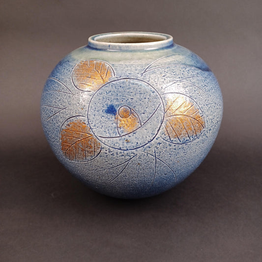 Used Japanese Porcelain Vase 9.3in Blue Glaze with Gold Leaf Botanical Design Round Ceramic Art Wheel-Thrown Hand Decorated