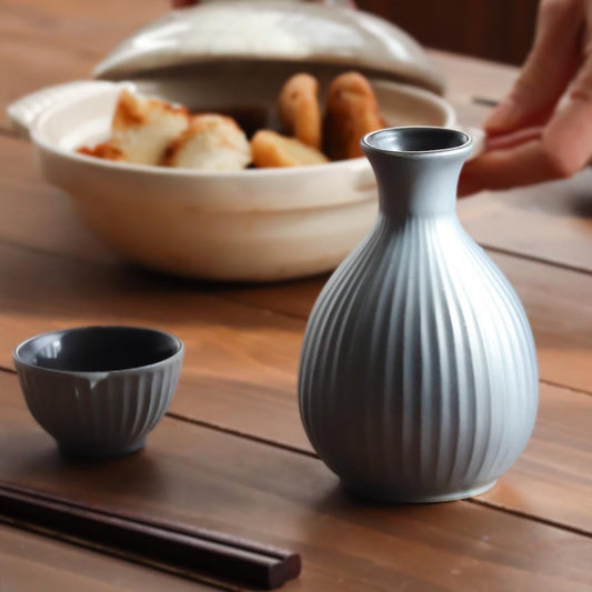 Tokkuri and Ochoko Set – Silver Sake Bottle and Cups in Wooden Box – Ceramic by Awasaka – Made in Japan – Elegant Gift for Any Occasion