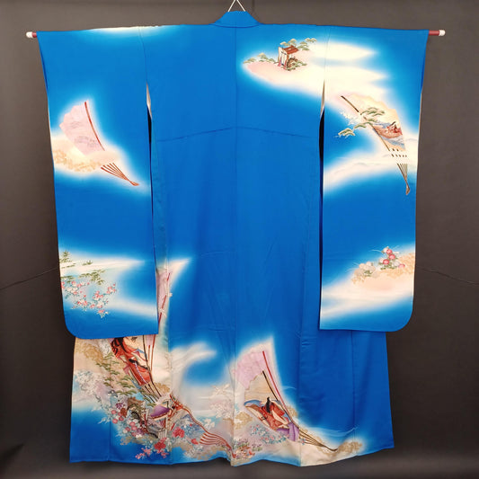 Used Japanese Furisode Kimono – Blue Silk Long Sleeve Robe with Fan & Seasonal Motifs – Elegant Vintage Formal Wear from Japan
