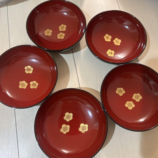 Aizu Lacquerware Bowl Set of 5 – Red & Black Japanese Soup Bowls with Gold Plum Blossoms, Lids and Instructions – New Unused Gift Set