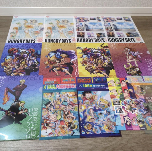 Used One Piece Anime Merch Bundle – Clear Folders, Stickers, Bookmarks Featuring Luffy, Zoro, Sanji, Nami, Chopper, Robin & More
