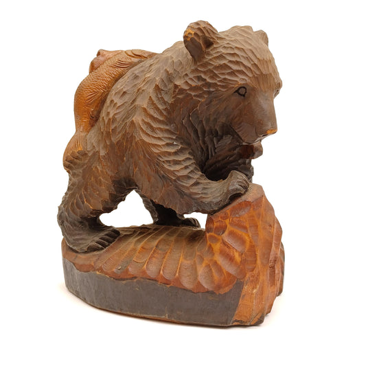 Used Hand-Carved Wooden Bear with Salmon from Japan Hokkaido Ainu Style Folk Art Sculpture 12.2in Vintage Figurine