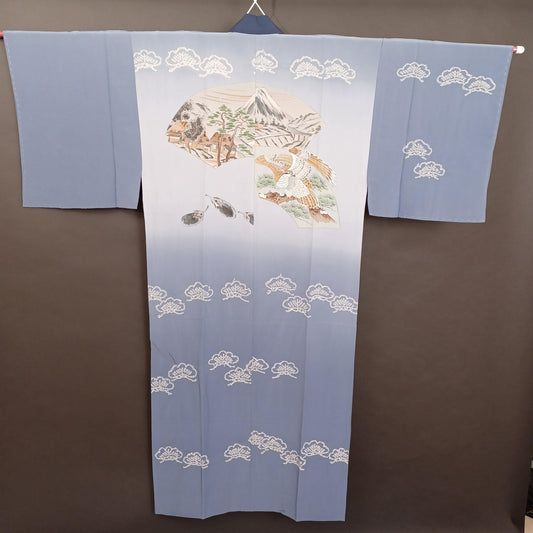 Used Japanese Men’s Juban Kimono 100% Silk with Mt. Fuji, Hawk, and Pine Design – Vintage Traditional Undergarment with Gradient Blue Base