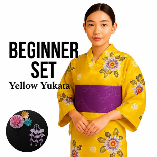 Used Yellow Yukata Dressing Set with Pre-tied Hanhaba Obi, Kimono Board, Magic Belt & Waist Ties – Easy Summer Kimono Kit - Bonus Kanzashi