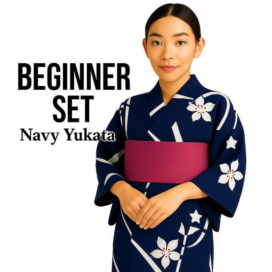 Used Navy Yukata Dressing Set with Pre-tied Hanhaba Obi, Kimono Board, Magic Belt & Waist Ties – Easy Summer Kimono Kit