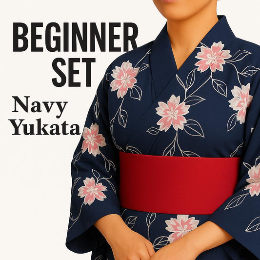 Used Black Yukata Dressing Set with Pre-tied Hanhaba Obi, Kimono Board, Magic Belt & Waist Ties – Easy Summer Kimono Kit