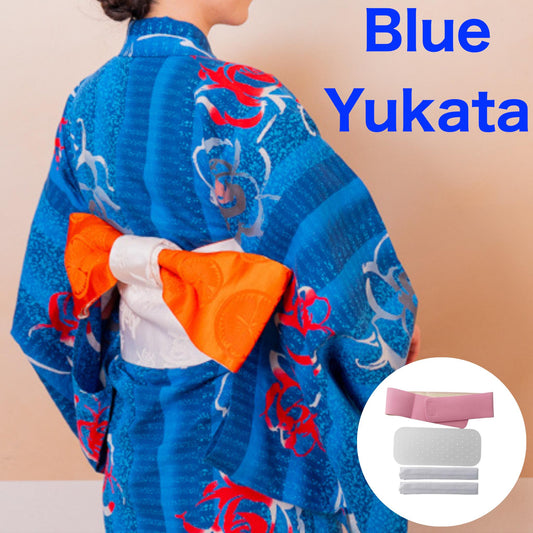 Used Japanese Yukata & Hanhaba Obi Set – Blue Floral Kimono with White and Orange Obi Belt – Summer Cotton Festival Wear – Bold Elegant Look