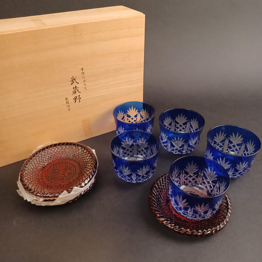 Used Musashino Irokise Kiriko Cut Glass Set – 5 Blue Overlay Cups & Coasters with Original Box – Japanese Handcrafted Drinkware