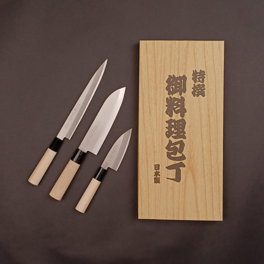 Seki Tsubazou Japanese Knife 3-piece set by Yaxell – Deba, Santoku, Sashimi | Stainless Steel | Made in Japan | Gift for Chefs
