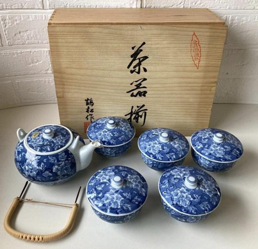 Arita Ware Japanese Tea Set by Tsurumatsu – Blue Peony Kyusu Teapot & 5 Lidded Yunomi Cups w/ Box| Forgot Souvenir