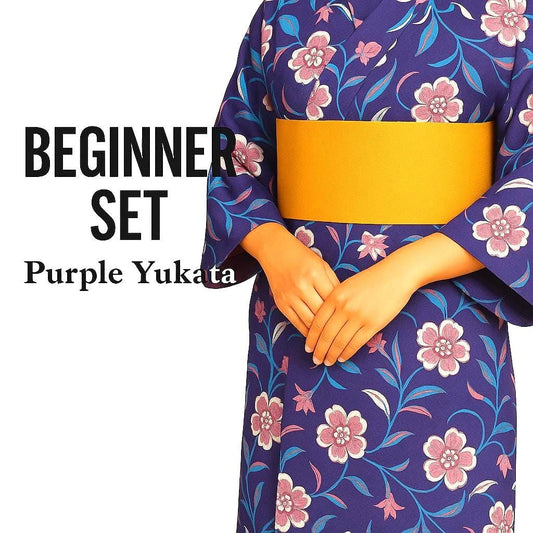 Used Purple Yukata Dressing Set with Pre-tied Hanhaba Obi, Kimono Board, Magic Belt & Waist Ties – Easy Summer Kimono Kit - Bonus Kanzashi