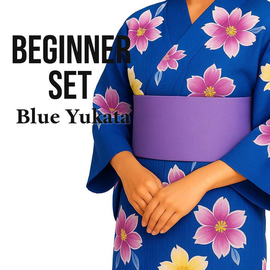 Used Blue Yukata Dressing Set with Pre-tied Hanhaba Obi, Kimono Board, Magic Belt & Waist Ties – Easy Summer Kimono Kit