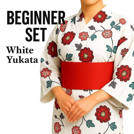 Used White Yukata Dressing Set with Pre-tied Hanhaba Obi, Kimono Board, Magic Belt & Waist Ties – Easy Summer Kimono Kit