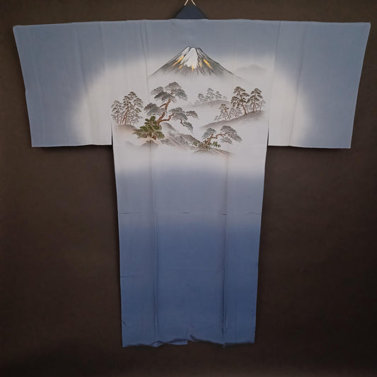 Used Japanese Men's Juban Undergarment – Mt. Fuji & Pine Tree Scene – Hand-Painted Silk Nagajuban Kimono Robe – Vintage Japan