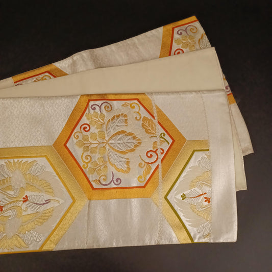 Used Fukuro Obi (Formal Double-Layer Obi) Kimono Obi, Silver Japanese vintage traditional kimono belt