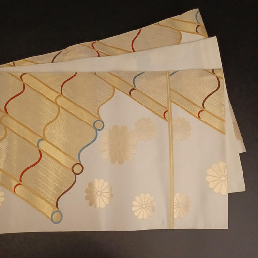 Used Fukuro Obi (Formal Double-Layer Obi) Kimono Obi, Silver Floral Japanese vintage traditional kimono belt