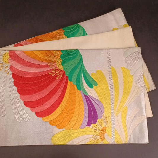 Used Japanese Fukuro Obi – Silver Base with Multicolor Embroidery of Chrysanthemum Motif – Formal Vintage Kimono Sash Belt from Japan