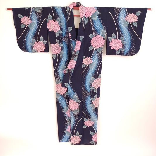 Used Japanese Yukata Indigo Blue Hydrangea and Stream Pattern Summer Kimono Cotton Robe Lightweight Festival Wear Made in Japan Gift