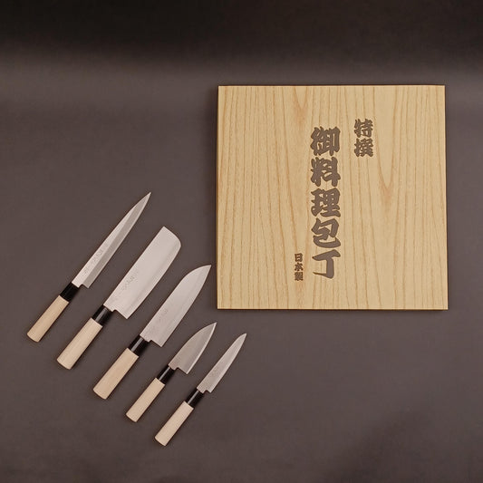 Seki Tsubazou Set of 5 Japanese Knife - Made in Seki, Japan - Sashimi, Santoku, Nakiri, Deba, Petty - Authentic Japanese Kitchen Knives